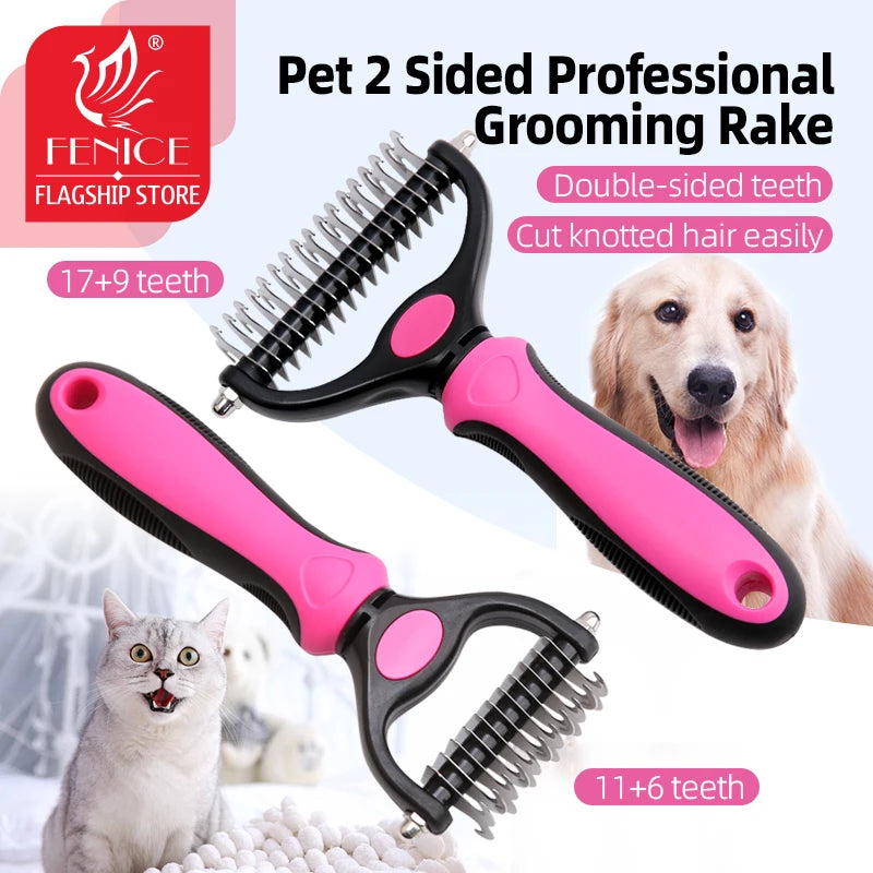 Pet Grooming Tool - 2 Sided Undercoat Rake for Cats Dogs Brush - Safe Dematting Comb for Easy Mats Tangles Removing M/L