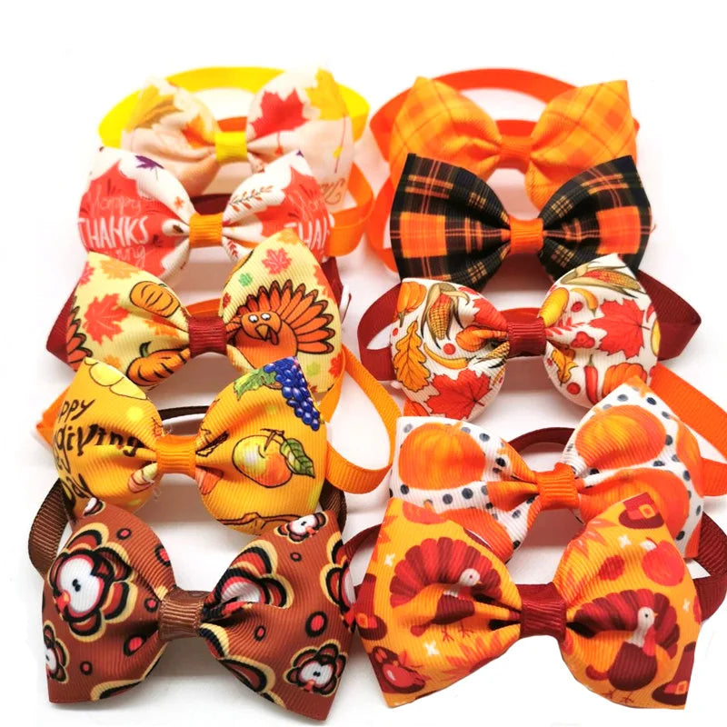 30/50pcs Thanksgiving Day Pet Dog Bow Ties Maple Leaf Turkey Pet Cat Dog Collar Bowties Neckties Pet Fall Ties Grooming Products