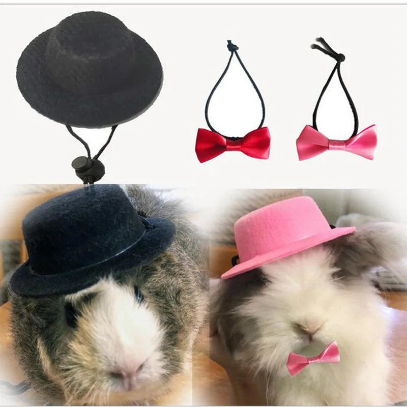 2Pcs/Set Guinea Pig Hat and Bowtie Hamster Costume Outfit Rats Chinchilla Cap Hedgehog Hat Small Pet Items Accessories