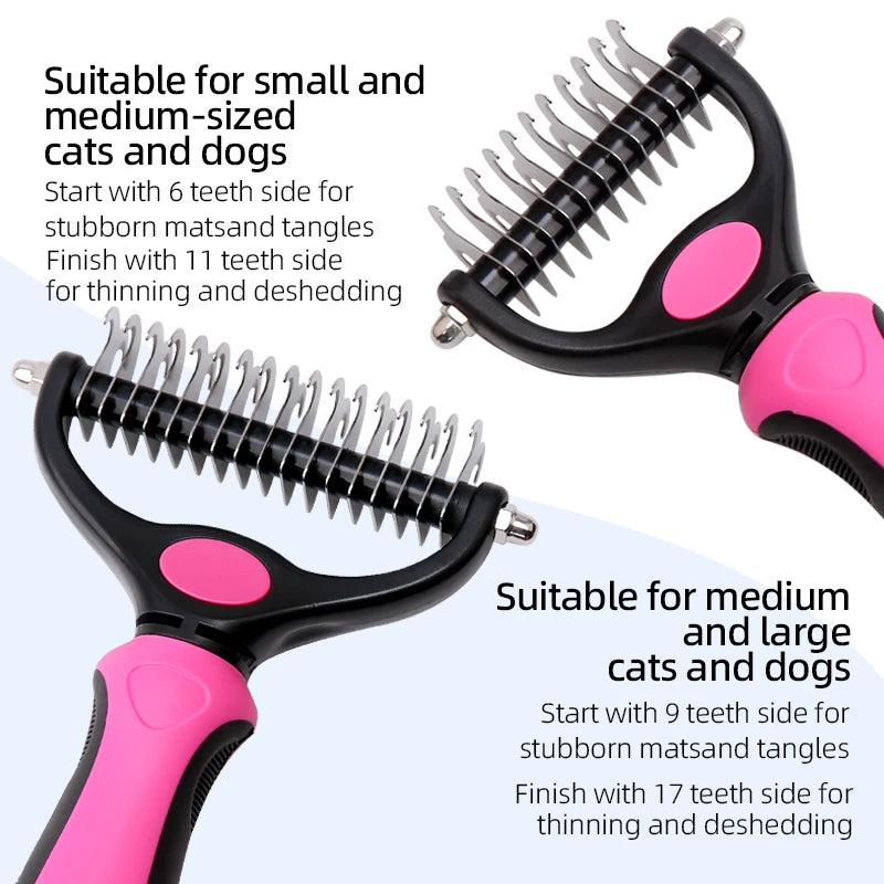 Pet Grooming Tool - 2 Sided Undercoat Rake for Cats Dogs Brush - Safe Dematting Comb for Easy Mats Tangles Removing M/L