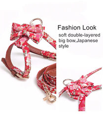 PU Dog Harness and Leash Sets Japanese Style Design Big Bow Decor K-shaped Cat Traction Pet Collar Traction Set Pet Supplies