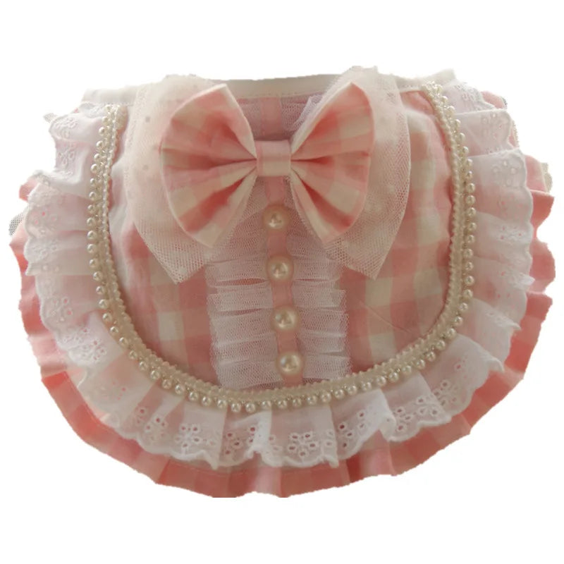 Lace With Pearl Bows Pet Bibs Collar For Cats Puppies Dogs Plaid Washable Adustable Puppy Bows Scarf Tie Necklace Jewelry Goods