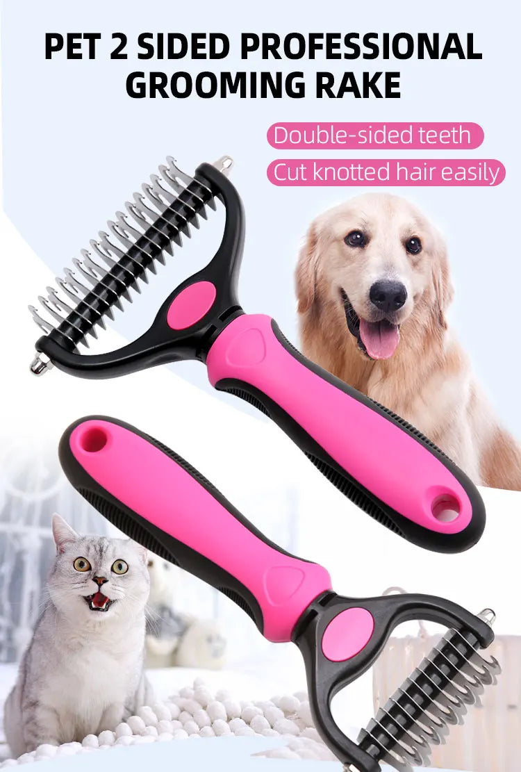 Pet Grooming Tool - 2 Sided Undercoat Rake for Cats Dogs Brush - Safe Dematting Comb for Easy Mats Tangles Removing M/L