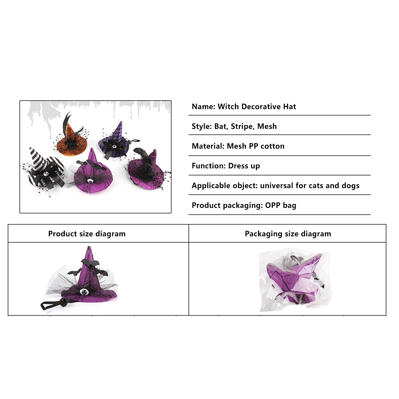 2025 New Halloween Pet Witch Hat 3D Rose/Eyeball/Bowknot Tulle Decor Cap Costume Accessories for Cat, Dogs