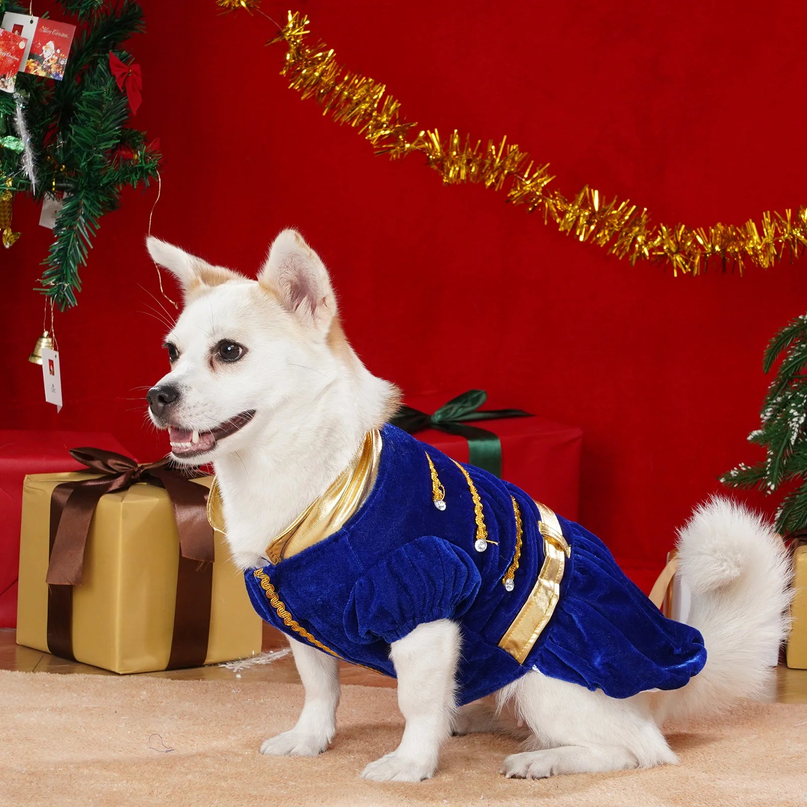 Pet Christmas Clothes Puppy Dog Christmas Jumpsuit Warm Velvet Pet Pajamas with Adjustable Crown Hat for Party Role Play Outfits