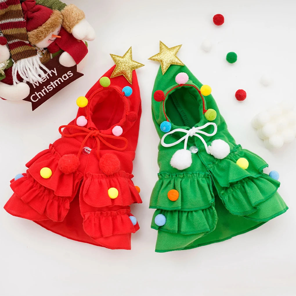 Christmas Outfit Pet Cloak with Hat with Star and Pompoms Puppy Cape Clothes Xmas Tree Elf Costumes Party Cat Dogs Pet Supplies