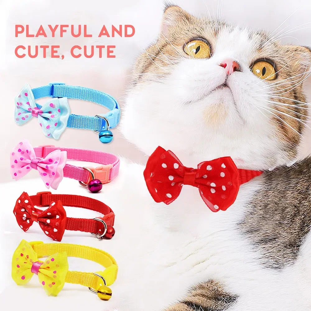 JUDAI Bow Decor Pet Collar Adjustable Dot Design Cute Bell Dog Collar Bow Kitten Collar Pet Supplies Clothing Accessories