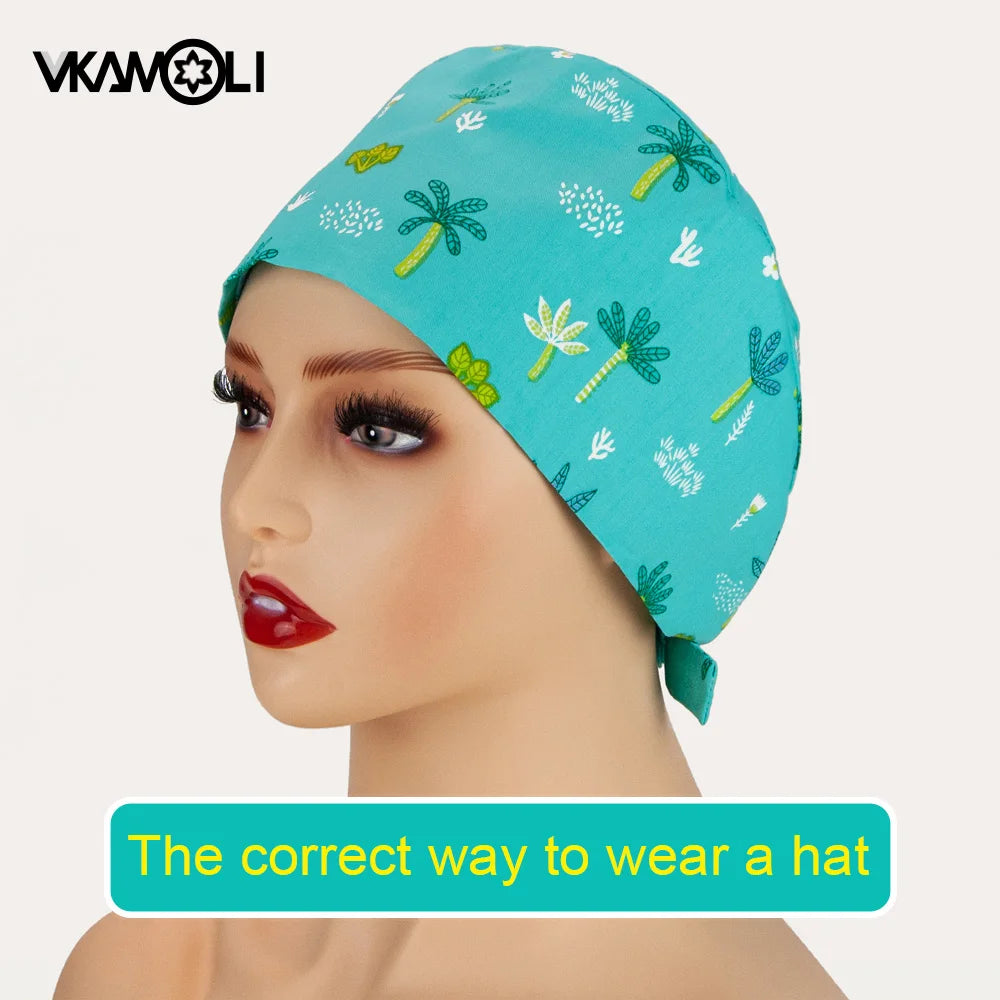 women's Cotton scrubs caps weat-absorbent Elastic Section pet grooming nursing work hats lab Flower print scrub hat Wholesale