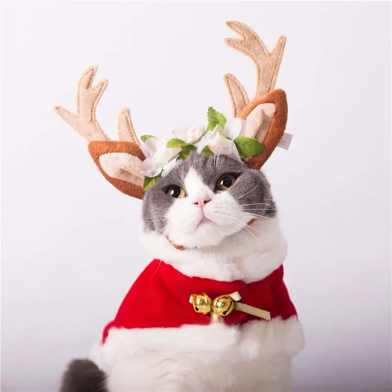 Christmas Pet Cosplay Pet Reindeer Cloak Antlers Clothes Cloak Dog Hat Cat Warm Fairy Christmas New Year Pet Cat