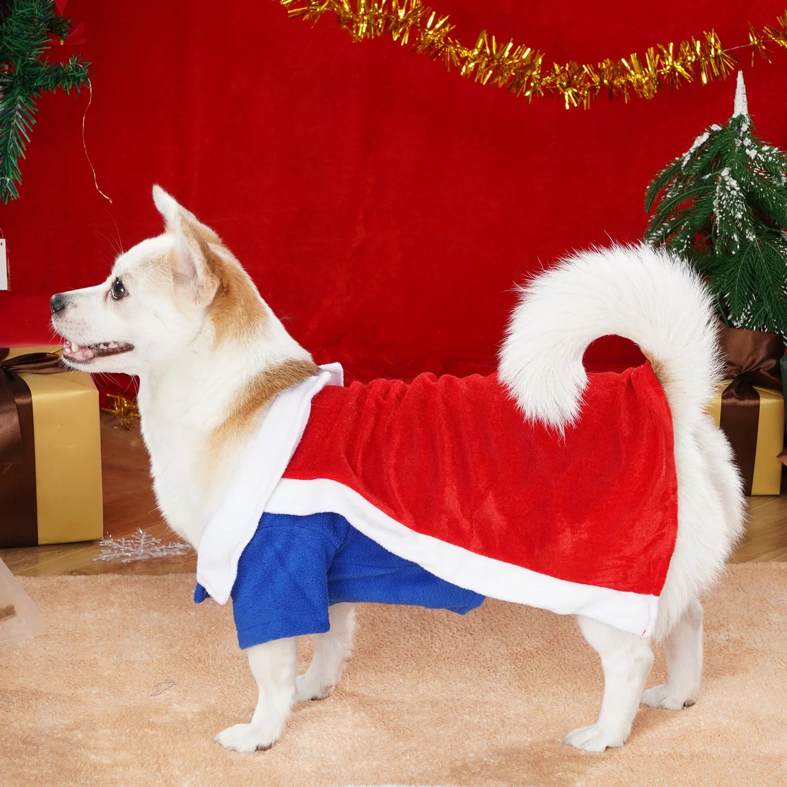 Pet Christmas Clothes Puppy Dog Christmas Jumpsuit Warm Velvet Pet Pajamas with Adjustable Crown Hat for Party Role Play Outfits