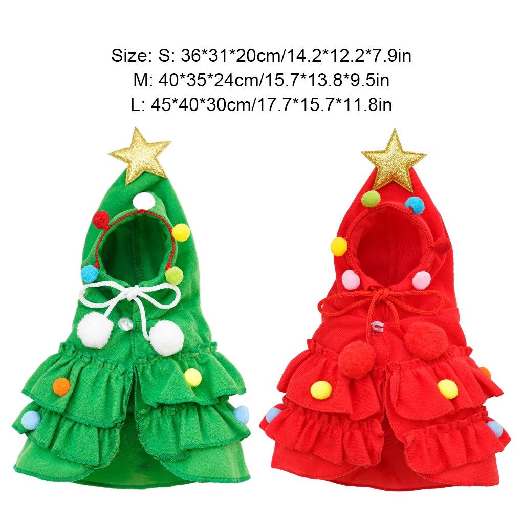 Christmas Outfit Pet Cloak with Hat with Star and Pompoms Puppy Cape Clothes Xmas Tree Elf Costumes Party Cat Dogs Pet Supplies