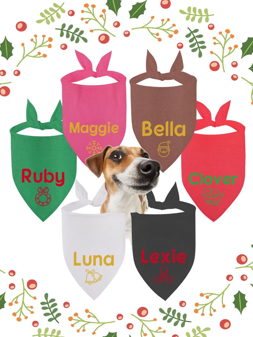 Custom Name Pet Christmas Scarf Puppy Cat Bandana Triangle Scarf for Dog Small Large Washable Adjustable Holiday Party Accessory