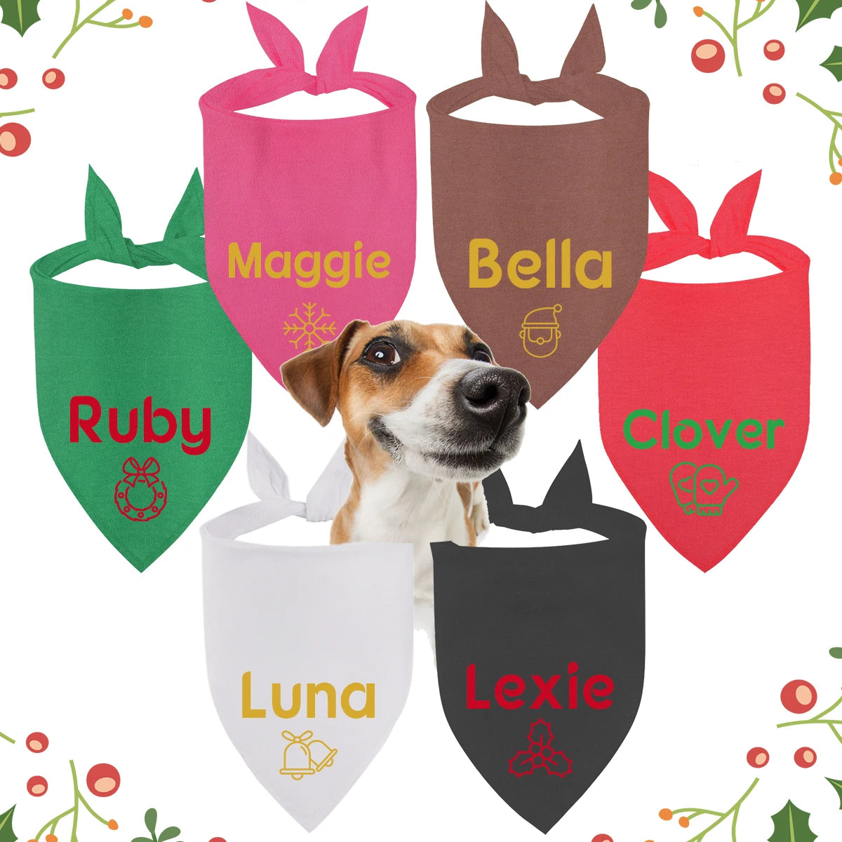 Custom Name Pet Christmas Scarf Puppy Cat Bandana Triangle Scarf for Dog Small Large Washable Adjustable Holiday Party Accessory