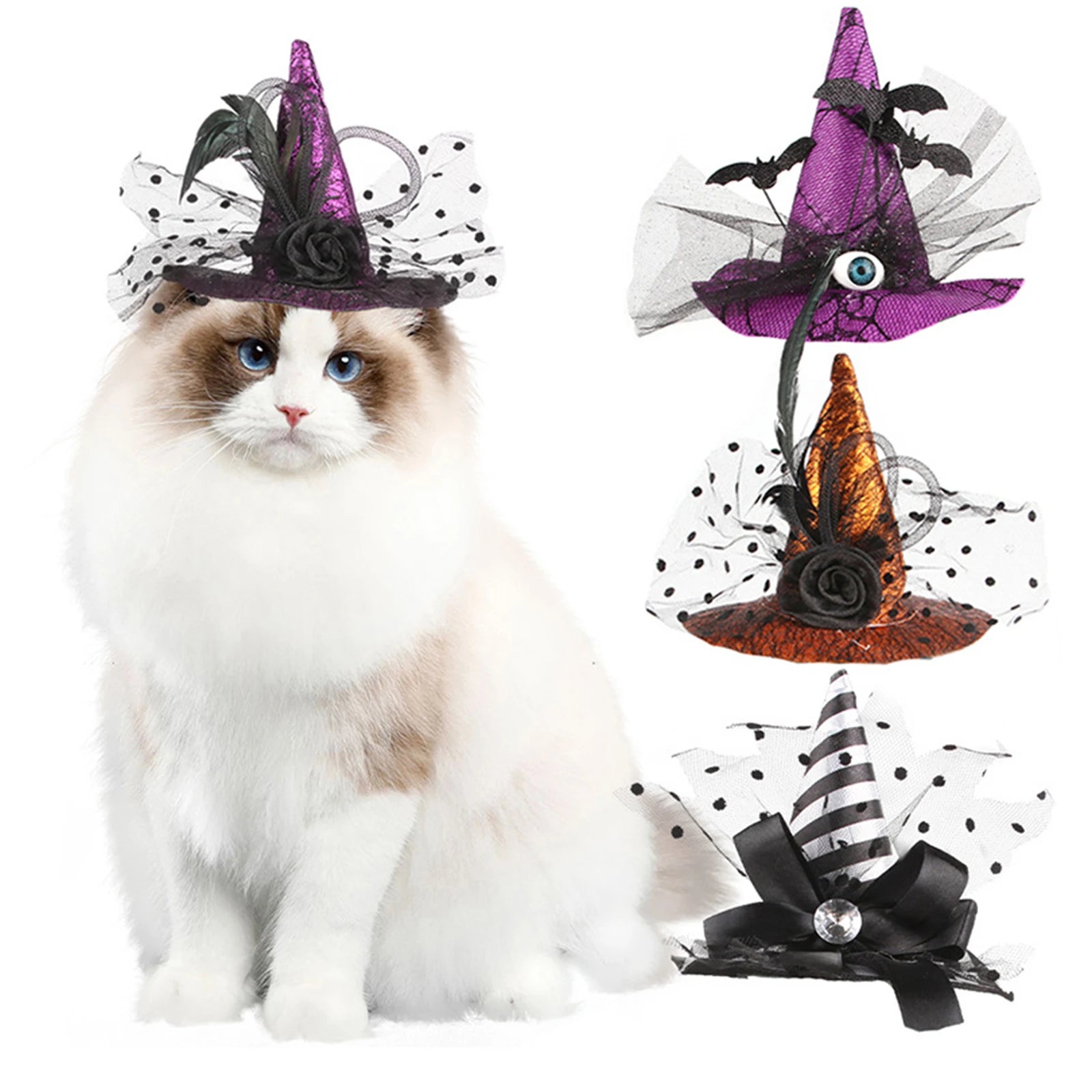 2025 New Halloween Pet Witch Hat 3D Rose/Eyeball/Bowknot Tulle Decor Cap Costume Accessories for Cat, Dogs