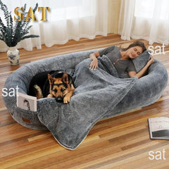 Giant Human Dog Bed With Blanket and Pillow Pet Accessories Adult Nap Bed Kennel Plush Beds Cats Cushion Supplies Products Home