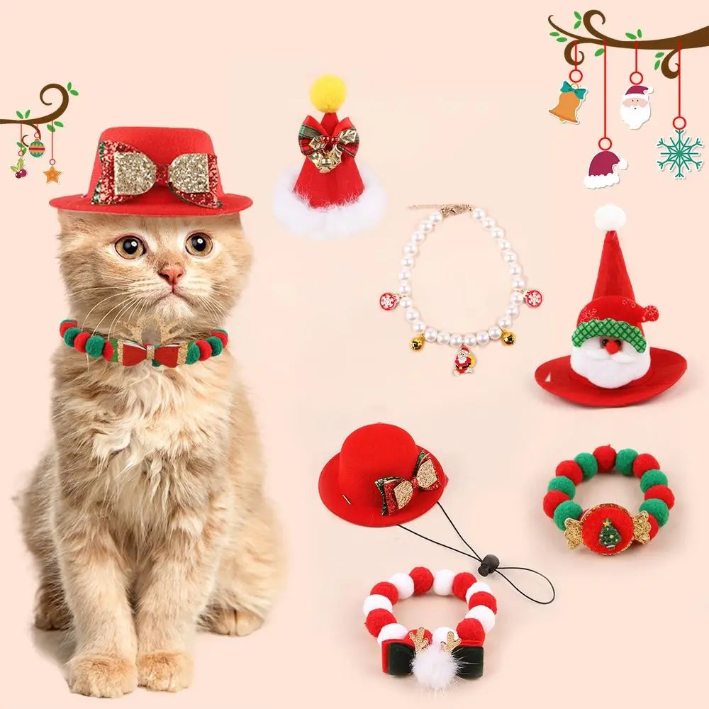 Adjustable Pet Christmas Bow Hat with Bell Soft Pet Christmas Hat Scarf Santa Claus/Elk Deer Cat Christmas Collar Christmas