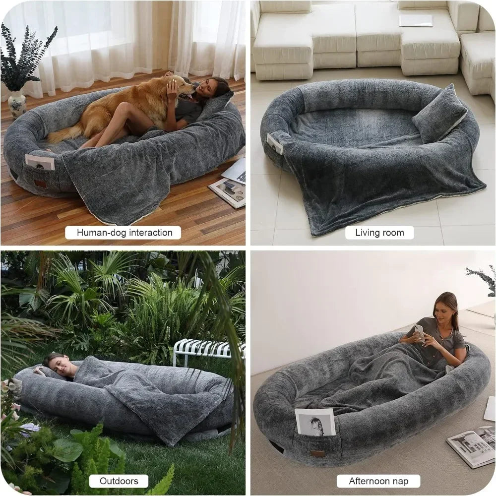 Giant Human Dog Bed With Blanket and Pillow Pet Accessories Adult Nap Bed Kennel Plush Beds Cats Cushion Supplies Products Home