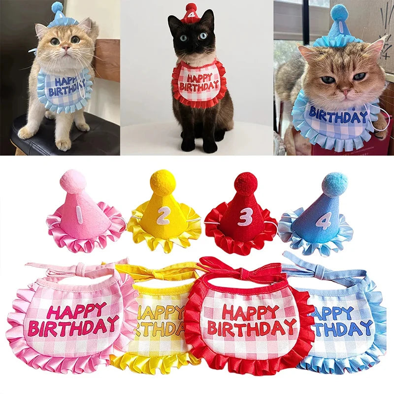 Pet Birthday Party Hat Bib Set Cute Cat Dog Birthday Celebration Scarf Dress Up Kitten Puppy Costumes Gift Pet Accessories