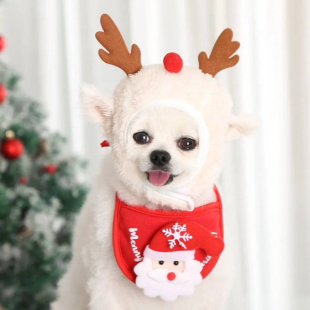 New Christmas Puppy Dog Cat Costume Santa Elk Hat with Bandana Bib Scarf Set Cat Accessories Pet Holiday Dress Up Supplies