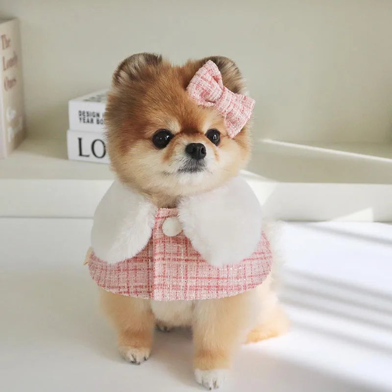 Small Dogs Cute Pink Cape Warm Dog Collar Puppy Cat Plush Scarf Dog Hat Hairpin Three Sets Pet Dog Accessories