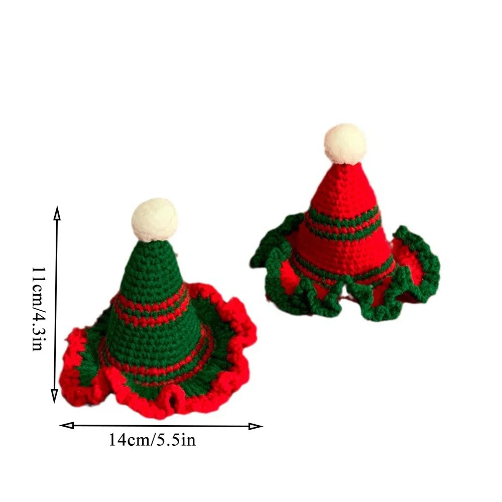 Christmas Hat For Pets Knitted Santa Hat With Ruffle Trim Cute Handmade Mini Gifts For Puppy Kitty Winter Party Decro