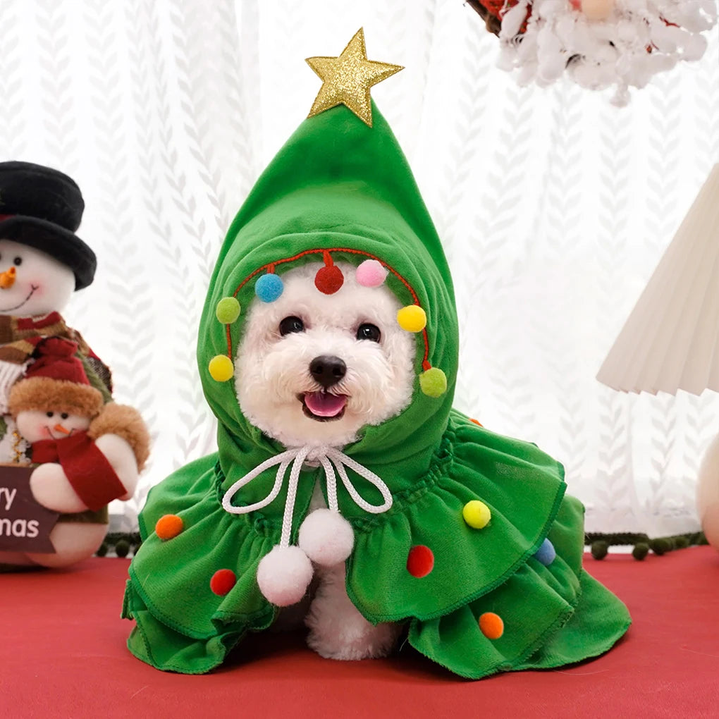 Christmas Outfit Pet Cloak with Hat with Star and Pompoms Puppy Cape Clothes Xmas Tree Elf Costumes Party Cat Dogs Pet Supplies