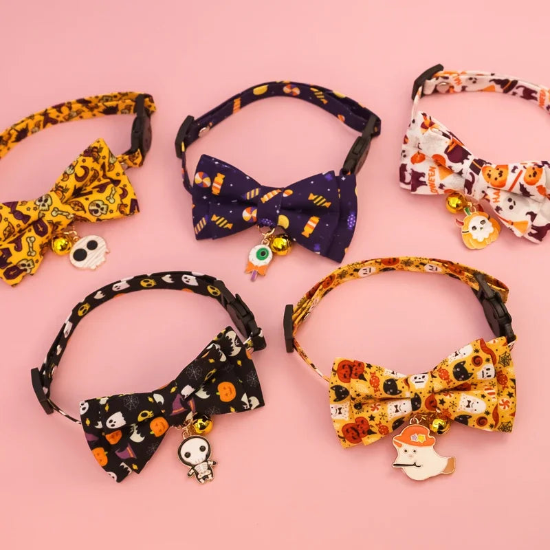 Pet collars for Halloween with various styles, detachable bow collars, holiday printed patterns, dog collars, cat collars