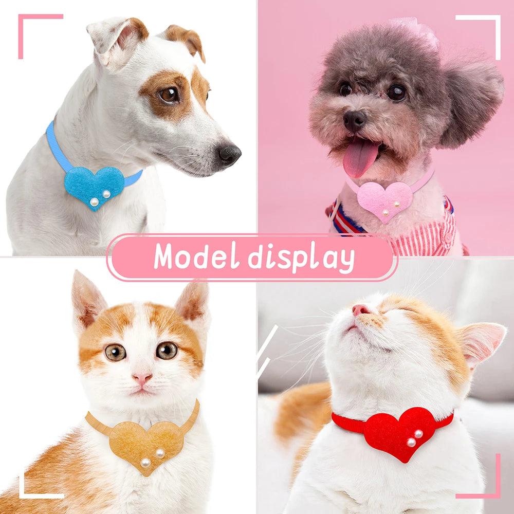 30/60PCS Valentine's Day Pet Bowtie with Pearl Dog Cat Love Style Heart Shape Bow Tie Collar for Small Dogs Puppy Accessories