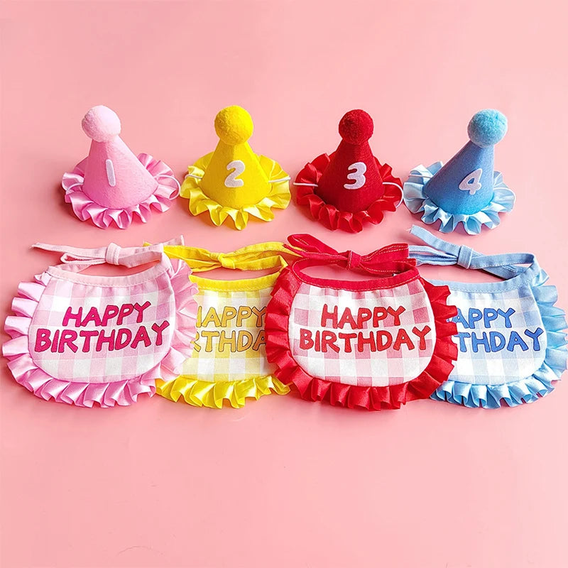 Pet Birthday Party Hat Bib Set Cute Cat Dog Birthday Celebration Scarf Dress Up Kitten Puppy Costumes Gift Pet Accessories