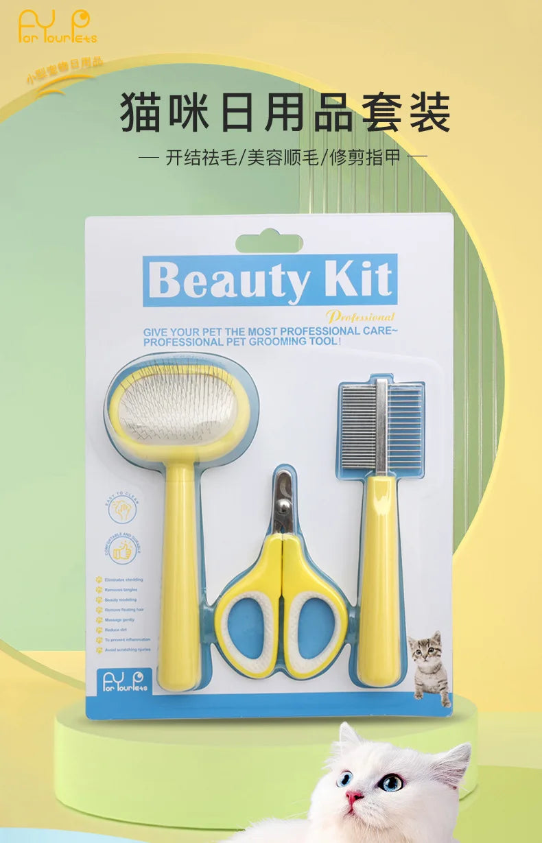 Pet supplies Cat nail clippers comb brush three-piece pet grooming hair-pulling needle comb cat and dog comb brush set