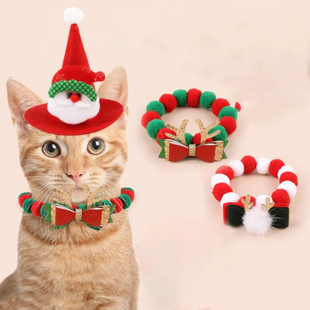 Adjustable Pet Christmas Bow Hat with Bell Soft Pet Christmas Hat Scarf Santa Claus/Elk Deer Cat Christmas Collar Christmas