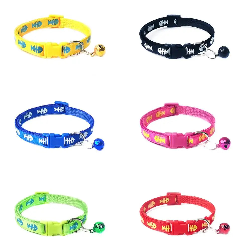 Bell Adjustable Necklace Pet Collar Pets Dog Cat Fish Bone Print Buckle Neck Strap