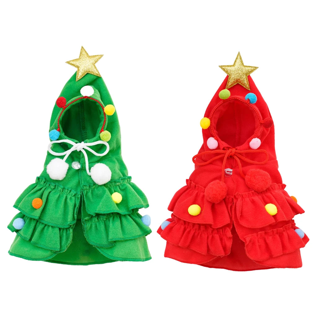 Christmas Outfit Pet Cloak with Hat with Star and Pompoms Puppy Cape Clothes Xmas Tree Elf Costumes Party Cat Dogs Pet Supplies