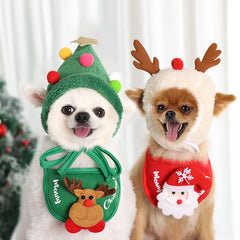 New Christmas Puppy Dog Cat Costume Santa Elk Hat with Bandana Bib Scarf Set Cat Accessories Pet Holiday Dress Up Supplies