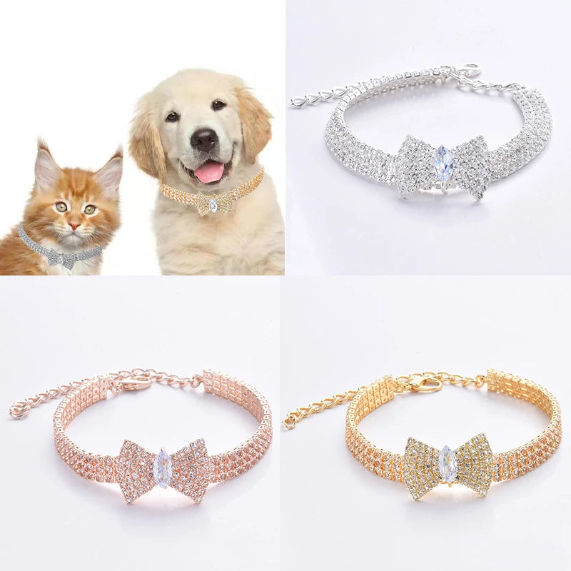 Zircon Bow Tie Chihuahua Dog Collar Rose Gold Lobster Button Cat Necklace With Package Box Adjustable All Season Pet Accessories