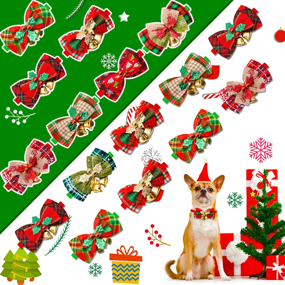 50PCS Pet Bowknot Dog Bowtie with Bell Christmas Decorate Style Adjustable Puppy Festival Party Collar for Small Dog Accessories