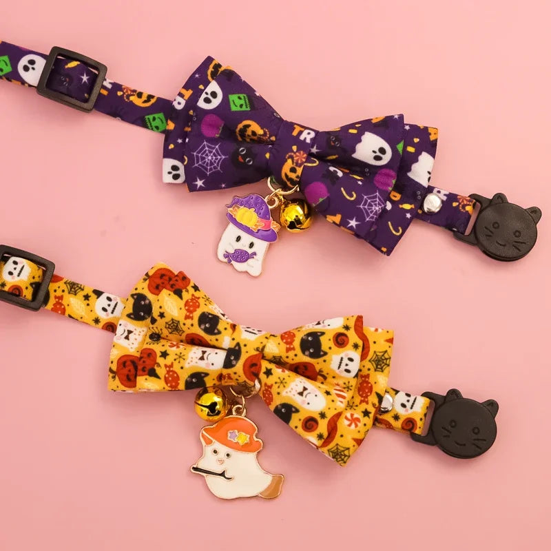 Pet collars for Halloween with various styles, detachable bow collars, holiday printed patterns, dog collars, cat collars