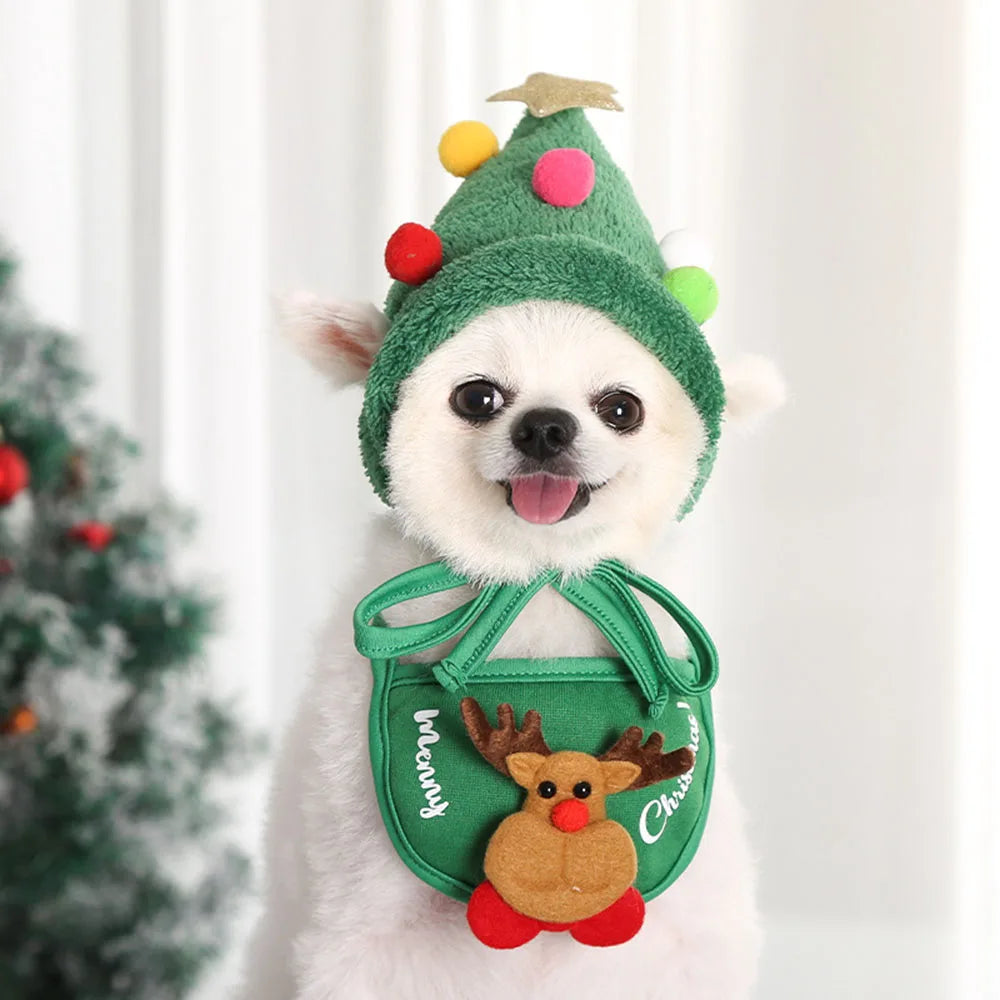 New Christmas Puppy Dog Cat Costume Santa Elk Hat with Bandana Bib Scarf Set Cat Accessories Pet Holiday Dress Up Supplies