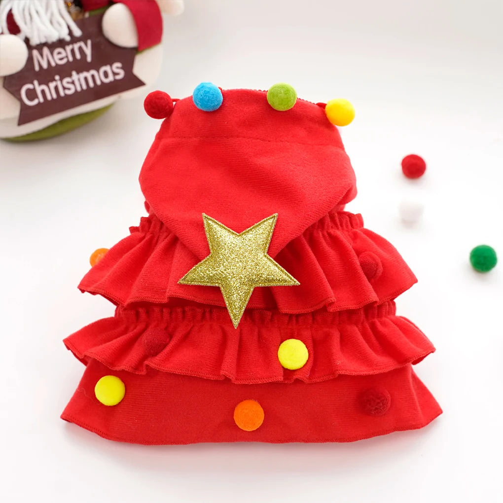 Christmas Outfit Pet Cloak with Hat with Star and Pompoms Puppy Cape Clothes Xmas Tree Elf Costumes Party Cat Dogs Pet Supplies