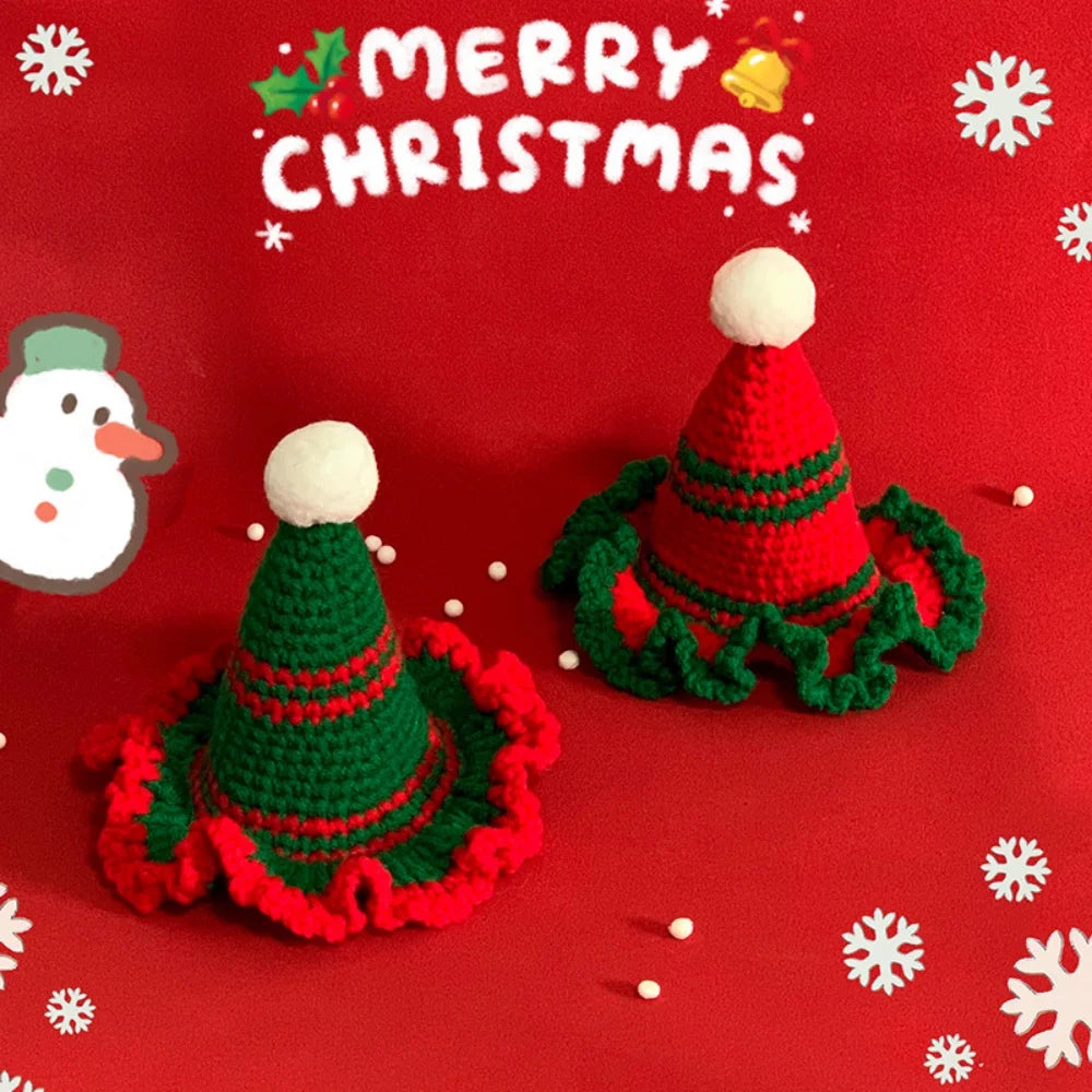 Christmas Hat For Pets Knitted Santa Hat With Ruffle Trim Cute Handmade Mini Gifts For Puppy Kitty Winter Party Decro