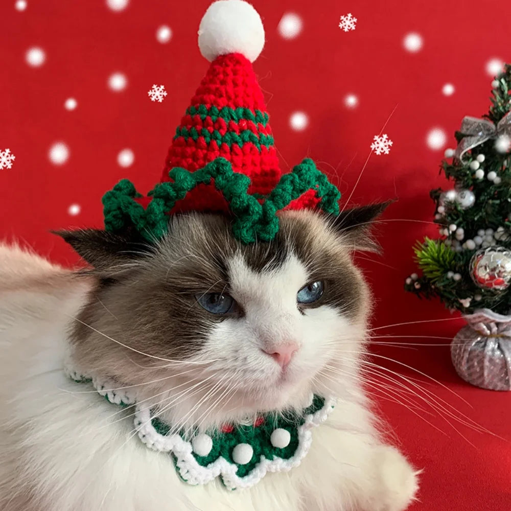 Christmas Hat For Pets Knitted Santa Hat With Ruffle Trim Cute Handmade Mini Gifts For Puppy Kitty Winter Party Decro