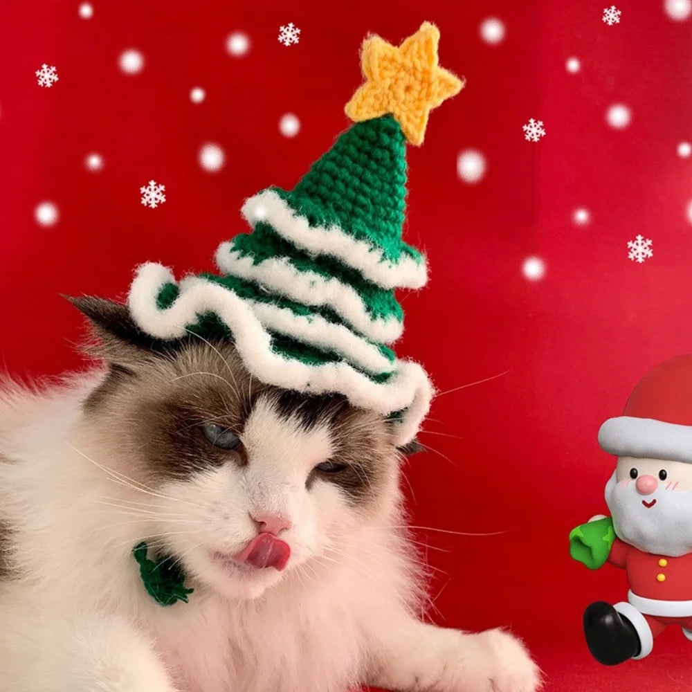 Christmas Hat For Pets Knitted Santa Hat With Ruffle Trim Cute Handmade Mini Gifts For Puppy Kitty Winter Party Decro