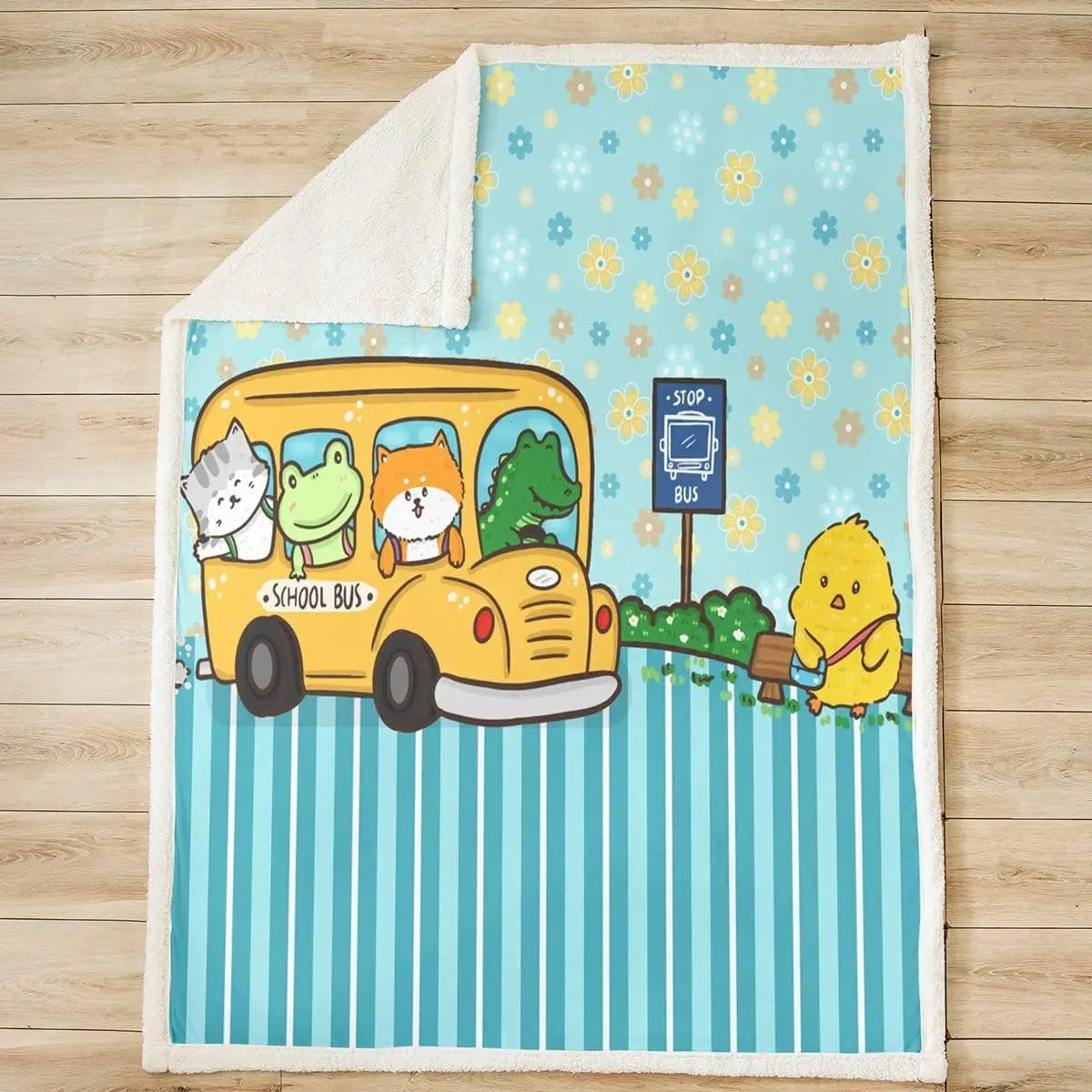 Cartoon Wild Animal Bed Throws,Cute Kawaii School Bus Print Throw Blanket for Kids Boys Gift, Cat Dog Frog Blue Flowers