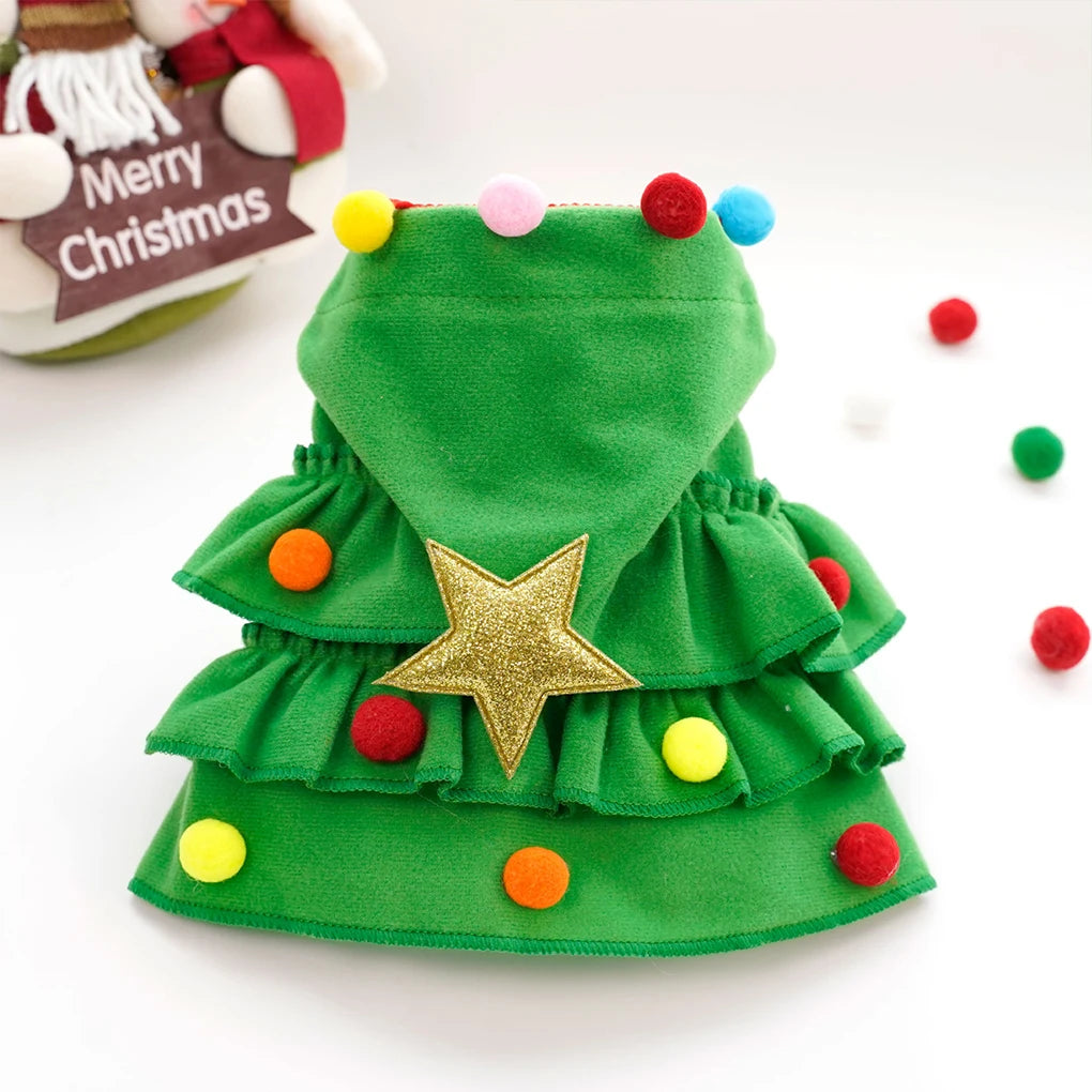 Christmas Outfit Pet Cloak with Hat with Star and Pompoms Puppy Cape Clothes Xmas Tree Elf Costumes Party Cat Dogs Pet Supplies