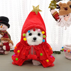 Christmas Outfit Pet Cloak with Hat with Star and Pompoms Puppy Cape Clothes Xmas Tree Elf Costumes Party Cat Dogs Pet Supplies