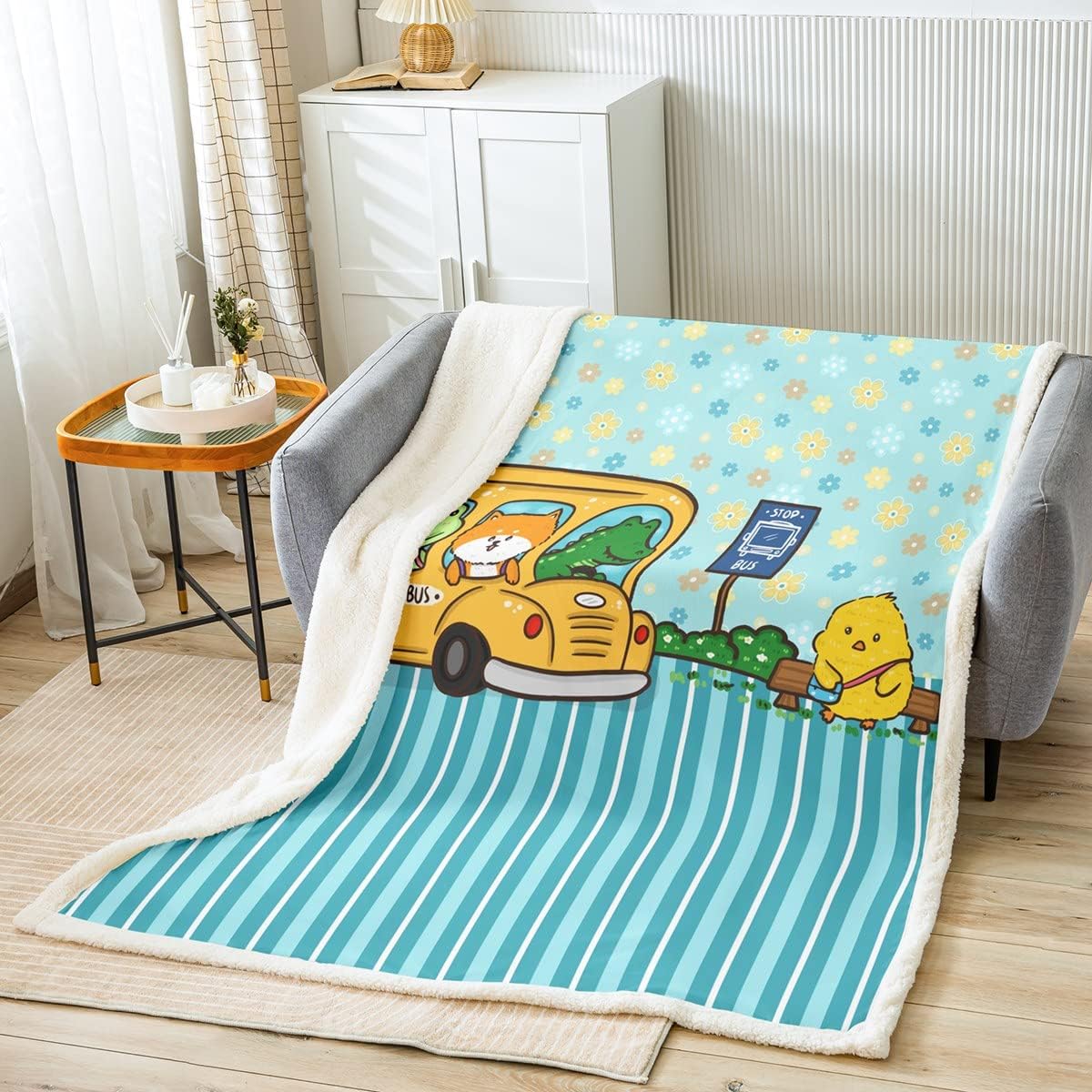 Cartoon Wild Animal Bed Throws,Cute Kawaii School Bus Print Throw Blanket for Kids Boys Gift, Cat Dog Frog Blue Flowers