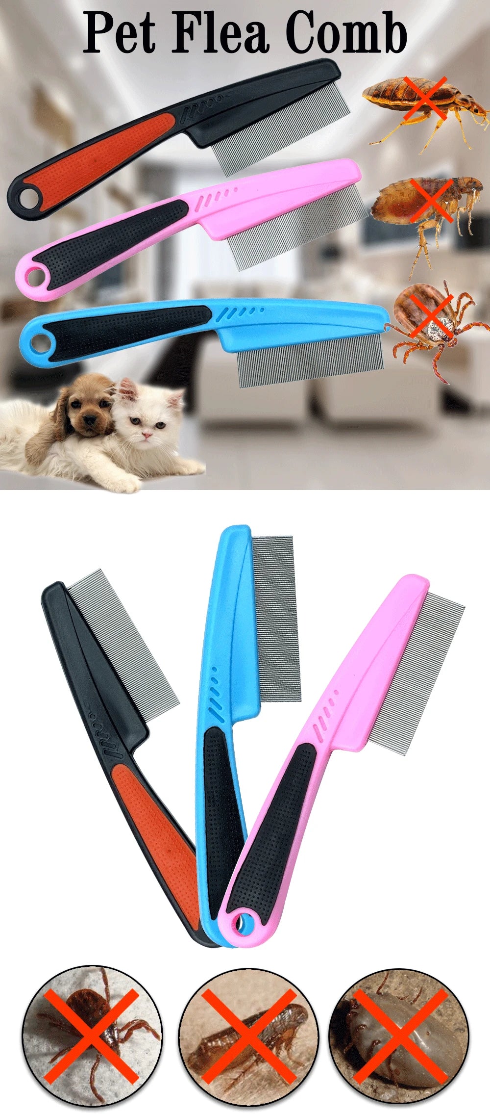 Pet Flea Combs Stainless Steel Needle Grooming Comb Shedding Hair Brush For Cat Dog Deworming Eggs Cleaner Brush Pets Supplies