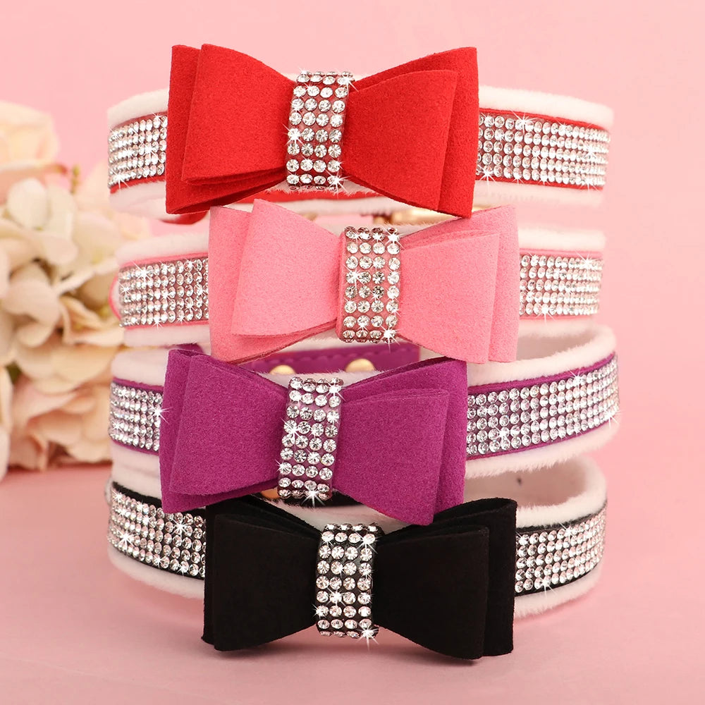 Warm Fur Dog Bow Collar Suede Leather Puppy Dogs Collars Rhinestone Bowtie Pet Necklace for Small Medium Dogs Cats Chihuahua