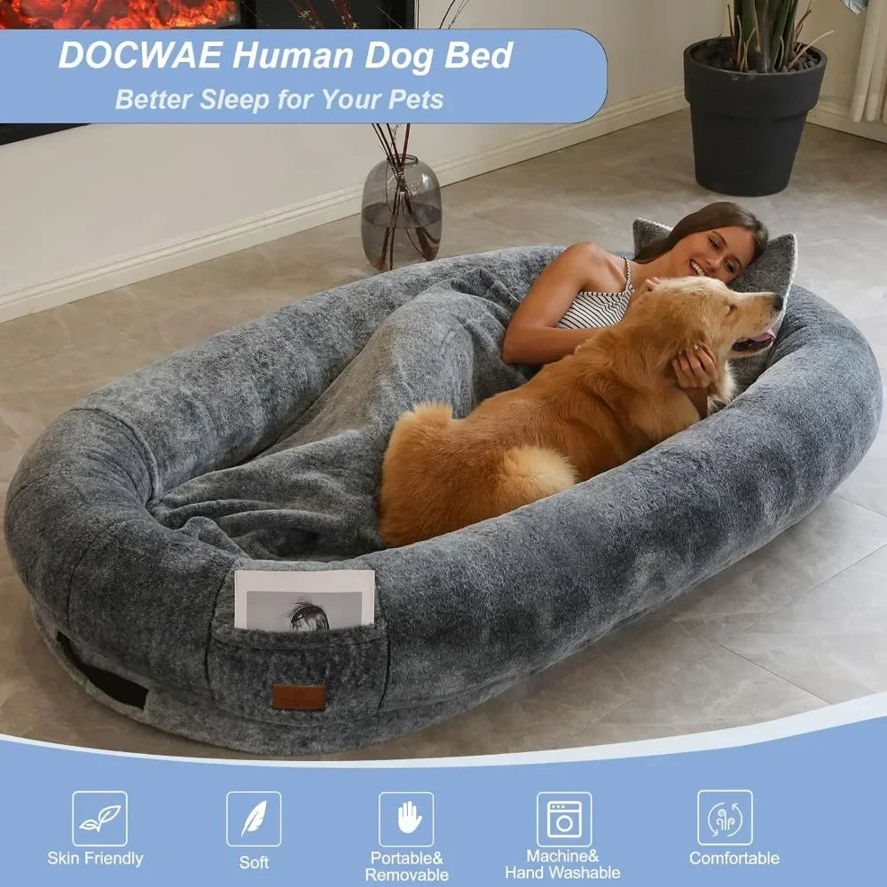 Giant Human Dog Bed With Blanket and Pillow Pet Accessories Adult Nap Bed Kennel Plush Beds Cats Cushion Supplies Products Home